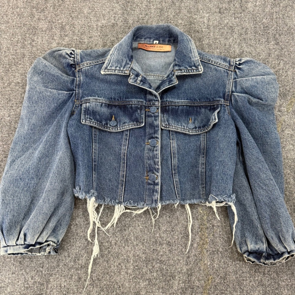Alcance Jeans Puff Sleeve Cropped Denim Jacket Raw Hem Blue Size P